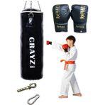 Crazy Çocuk Dolu Boks Kum Torbası 70cm x 25cm + Çocuk Boks Eldiven Seti + Askı Aparatı - Siyah
