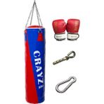 Crazy Orta Boy Dolu Boks Kum Torbası 100cm x 30cm + Boks Eldiven Seti + Askı Aparatı - Mavi - Kırmızı