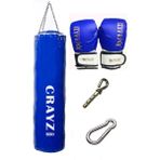 Crazy Orta Boy Dolu Boks Kum Torbası 100cm x 30cm + Boks Eldiven Seti + Askı Aparatı - Mavi