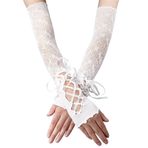 CREATCABIN Dantel Parmaksız Eldiven Uzun Örgü Gotik Tül Bayan Dirsek Uzunluğu Punk Parmaksız, Beyaz, 51.5 x 8.5cm