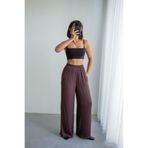 CrepTekstil Crep Kadın İpeksi Cupra Saten Geniş Paça Pantolon Kahverengi – Beli Lastikli Rahat Fit