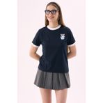 CrepTekstil Crep Kadın Kedi Baskılı Crop T-Shirt Bisiklet Yaka %100 Pamuk Lacivert – Rahat Kalıp