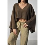 CrepTekstil Crep Kadın Keten Bluz V Yaka Yarasa Kol Crop Bluz Salaş Yazlık Keten Üst Kahverengi