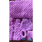 Crochet Design Yenidoğan Seti Battaniye Yelek Şapka Patik Soft Puffy Örgü Battaniye Seti C - Mor