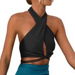 Crop Tops Kadın Karnı Açık Kolsuz V Yaka Gömlek Bluz Seksi Boyundan Bağlı Bluz Üst Yaz Seksi Yelek Üst Çapraz Tişört Slim Fit Plaj Parti Üst Giyim Yaz Üst, Siyah, L