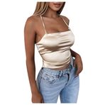Crop Tops Kadın Seksi Sırtı Açık Saten Tişört Yazlık Spagetti Cami Üst Parça Bağcıklı Sırt Bluz Üst Tek Renk Yelek Slim Fit Tişört Yazlık Üst, Sarı, L