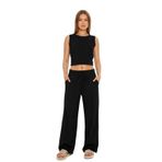 Crop ve Pantolon Pamuk Keten Takım, Siyah, M