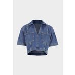 CROSS JEANS Açık Mavi Cepli Crop V Yaka Kısa Kollu Jean Gömlek