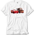 Crows Gate Şimşek Mcqueen ve Tow Mater Arabalar Beyaz T-Shirt - 4XL