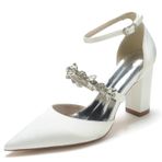 CrtTsks Kadınlar Seksi Strappy Sivri Burun Düğün Gelin Ayakkabı Pompası Yüksek Topuk Tıknaz Saten Elbise ith Rhinestones, fildişi (Ivory), 10 UK