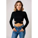 Cs Kadın Siyah Çapraz Bel Detaylı Dik Yaka Uzun Kol Crop Top Bluz