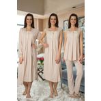 CT MODA Kadın Sütlü Kahve Dantelli Pamuklu Hamile Lohusa Sabahlık Pijama Takımı Gecelik 4'lü Set