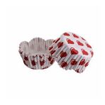 Cupcake Kalıbı Pet Kapsül Dalgalı Kek Kalıbı 65X38 MM - 100 Adet Beyaza Kırmızı Kalp Desenli