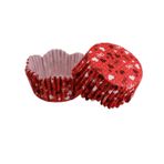 Cupcake Kalıbı Pet Kapsül Dalgalı Kırmızı Üzeri Fiyonk Ve Kalp Desenli Kek Kalıbı 65X38 MM - 100 Adet