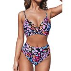 CUPSHE Kadın büküm ön yüksek belli Bikini Set V boyun yastıklı iki adet mayo mayolar, pembe leopar, M