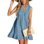 CUPSHE Kadın Mayo Örtüsü Ups %100 Pamuk Fırfırlı Etek Plaj Elbisesi Düğmeli V Yaka Coverup Kolsuz Mini Elbise, mavi (Lake Blue), S