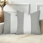 CURRAMET Çiftlik Evi Yastık Kılıfları 20 x 20, Boho Modern Aksan Kare Kırlent Kılıfı 2'li Set, Siyah Beyaz Çizgili Yama İşi Keten Dekoratif Yastık Kılıfları Kanepe Sandalye Yatak Odası için Yastık