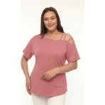 Curvy Trend Büyük Beden Asimetrik 3 Askı Biyeli Kısa Kol Bluz - Pudra - 50 - 52