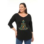 Curvy Trend Büyük Beden Çiçek Yoga Baskılı Geniş V Yaka Yarım Kol Oval Yırtmaç Bluz