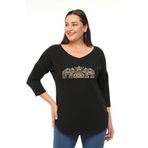 Curvy Trend Büyük Beden Fil İşlemeli Baskılı Geniş V Yaka Yarım Kol Oval Yırtmaç Bluz
