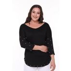 Curvy Trend Büyük Beden İnci Detaylı Geniş V Yaka Yarım Kol Oval Yırtmaç Bluz