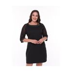 Curvy Trend Büyük Beden İnci Detaylı Yuvarlak Yaka Tül Kol Elbise