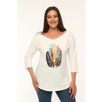 Curvy Trend Büyük Beden Kuş Tüyü Baskılı Geniş V Yaka Yarım Kol Oval Yırtmaç Bluz