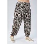 Curvy Trend Büyük Beden Leopar Desenli Beli ve Paçası Lastikli Yanı Boydan Yırtmaç Viskon Pantolon