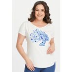 Curvy Trend Büyük Beden Mavi Çiçekli Silüet Baskılı Geniş V Yaka Kısa Kol Oval Yırtmaç Bluz