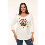 Curvy Trend Büyük Beden Renkli Kelebekler Baskılı Geniş V Yaka Yarım Kol Oval Yırtmaç Bluz