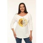 Curvy Trend Büyük Beden Sun Flower Baskılı Geniş V Yaka Yarım Kol Oval Yırtmaç Bluz