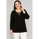 Curvy Trend Büyük Beden V Yaka Çapraz Bantlı Uzun Kol Viskon Bluz