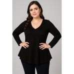 Curvy Trend Büyük Beden V Yaka Uzun Kol Geniş Etekli Bluz - 46 - 48 - Siyah
