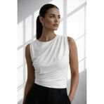 Cuyka Kadın Drapeli Kolsuz Bluz Şık Ofis Basic Fit Sandy Kumaş - Beyaz
