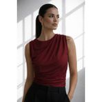 Cuyka Kadın Drapeli Kolsuz Bluz Şık Ofis Basic Fit Sandy Kumaş - Bordo