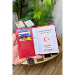 CüzCan İsme Özel Motifli Kırmızı Hakiki Deri Pasaport Kılıfı ve Kartlık - Erkek/Kadın Pasaportluk