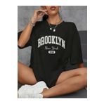 CVS Brooklyn Harf Baskılı Düşük Omuzlu T-shirt, Rahat Kısa Kollu Bol T-shirt, Kadın Giyim - Siyah