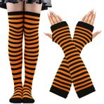 CWENDANER Gökkuşağı yüksek, diz üstü çorap, kadın, kız çocuk, çorap, uzun çorap, voleybol çorabı, spor çorabı, parmaksız eldiven seti, parti, cadılar bayramı kostümleri için, Turuncu ve siyah., 12-60
