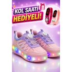 Cyln 2620 Kız Çocuk Işıklı Patenli Spor Ayakkabı (Kol Saati Hediyeli) - Pudra
