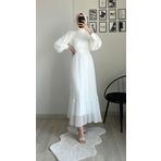 Cym Butik Beyaz Pileli Şifon Tesettür Elbise 42