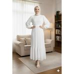 CYM Butik Beyaz Pileli Şifon Tesettür Elbise Uzun Balon Kol