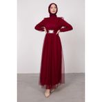 Cym Butik Kuşaklı Tül Tesettür Abiye - 42 - 240-Kırmızı