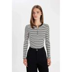 D6104 Slim Fit Dar Kesim Bisiklet Yaka Yarım Fermuarlı Çizgili Fitilli Kaşkorse Uzun Kollu Tişört