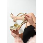 Dabab Shoes Fıany Kadın Gold 9 cm Ince Topuklu Bilekten Bantlı Önü Arkası Açık Kare Burunlu Parlak Abiye Sandalet Ayakkabı - Gold - Altın