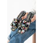 dabab shoes FLORISA Kadın Çiçek Desenli H Bantlı Siyah Düz Taban Yazlık Terlik