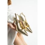 Dabab Shoes Larky Kadın Gold Parlak Rugan 7 cm Ince Topuklu Arkası Açık Bilekten Bantlı Tokalı Sivri Burun Ayakkabı - Gold - Altın