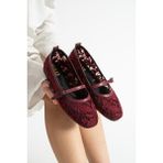 Dabab Shoes Merına Kadın Bordo Düz Babet Dantel Dokuma Çiçek Desenli Tokalı Düz Günlük Ayakkabı