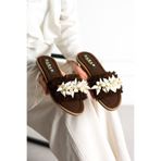 dabab shoes SHELLA Kadın Deniz Kabuğu ve İnci Detaylı Acı Kahve Hasır Dokulu Düz Taban Açık Burun Terlik