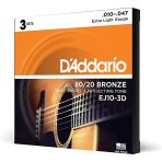 Daddarıo Ej10-3D Daddarıo Ej10-3D Akustik Gitar Tel Seti, 3'Lü Paket, 10-47, 80/20 Bronze, Extra Lıght