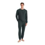 Dagi Erkek Dikiş Ve Bant Detaylı Uzun Kollu Tişört Pantolon Pijama Takımı, Örme, Termal, Koyu Yeşil, L
